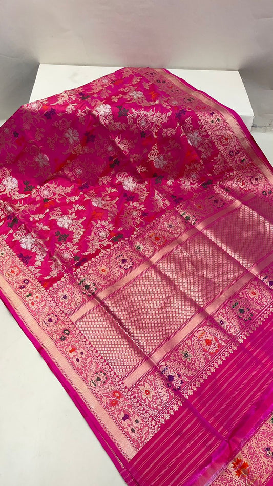 Faishana Pure Handloom Pink Katan Silk Tilfi Kadhwa Mina Jangla Jaal with Golden Stripe Pink Blouse