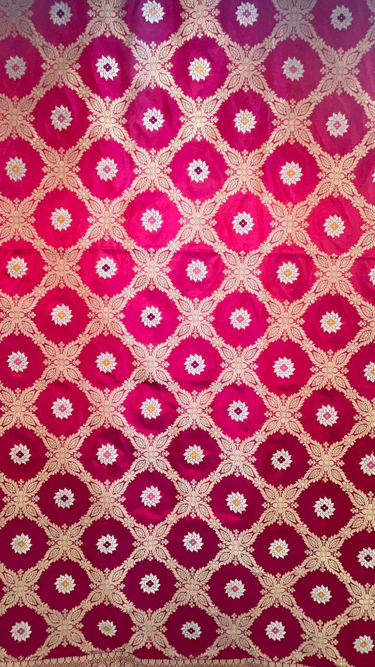 Faishana Pure Handloom Pink Katan Silk Kadhwa Jungla Bandhani Jaal Mina Zari Booti with Pink Golden Zari Booti Blouse