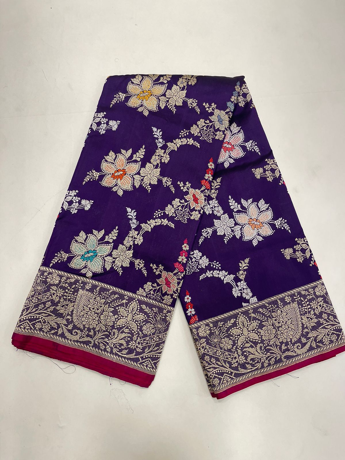 Faishana Pure Handloom Navy Blue Katan Silk Kadhwa Tilfi Multi Mina Jungla Zari Jaal with Navy Blue Stripe Blouse