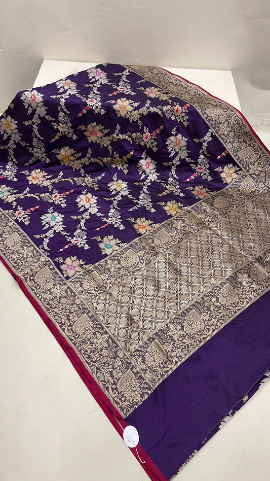 Faishana Pure Handloom Navy Blue Katan Silk Kadhwa Tilfi Multi Mina Jungla Zari Jaal with Navy Blue Stripe Blouse