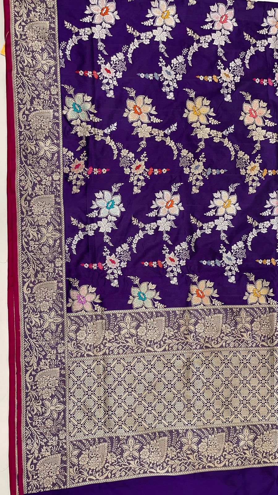 Faishana Pure Handloom Navy Blue Katan Silk Kadhwa Tilfi Multi Mina Jungla Zari Jaal with Navy Blue Stripe Blouse