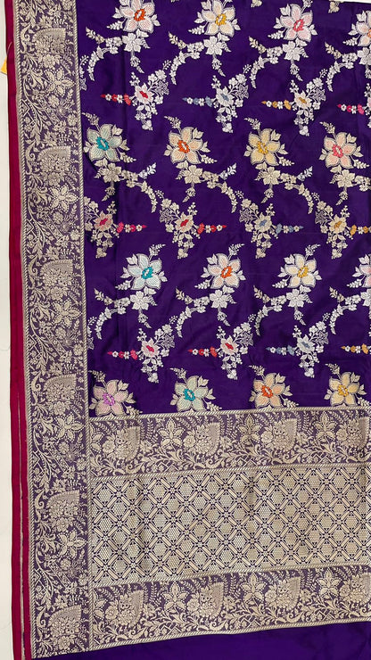 Faishana Pure Handloom Navy Blue Katan Silk Kadhwa Tilfi Multi Mina Jungla Zari Jaal with Navy Blue Stripe Blouse