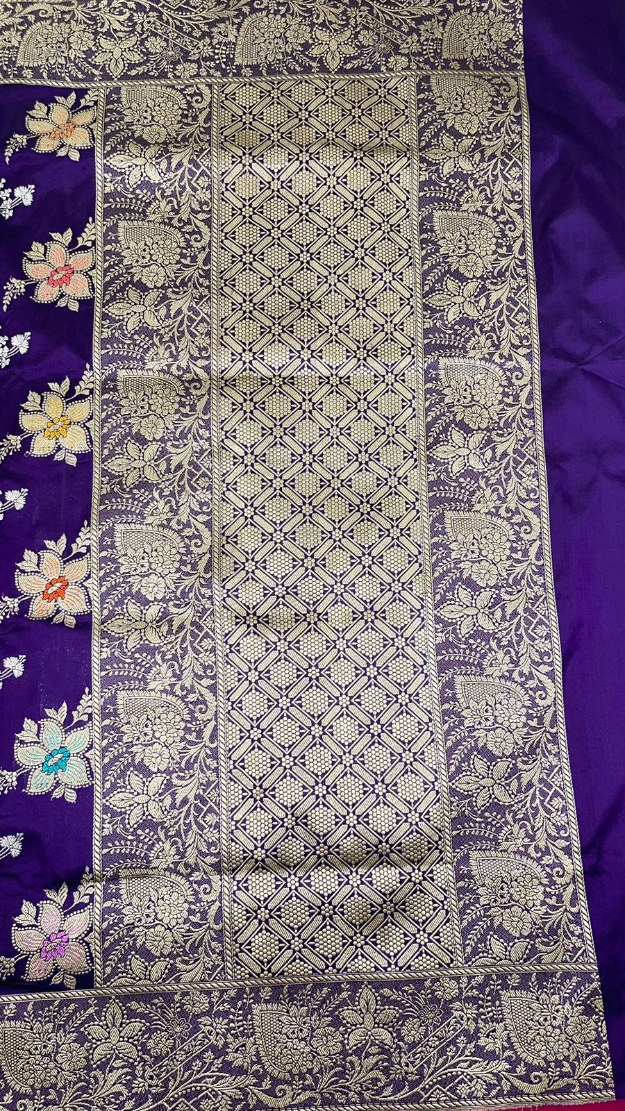 Faishana Pure Handloom Navy Blue Katan Silk Kadhwa Tilfi Multi Mina Jungla Zari Jaal with Navy Blue Stripe Blouse