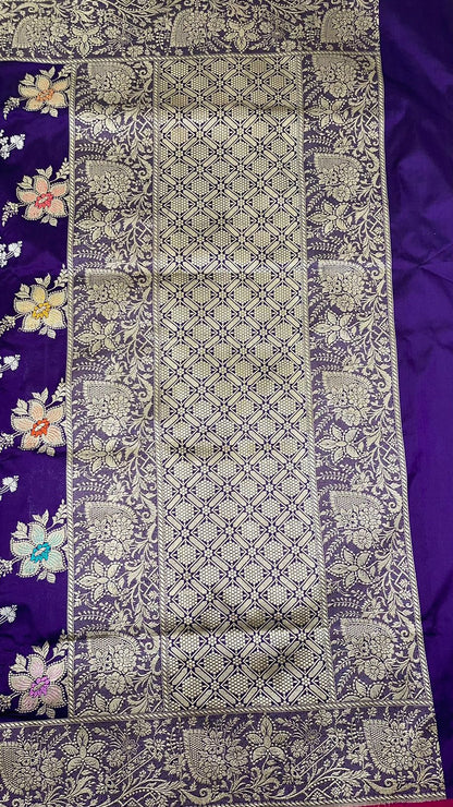 Faishana Pure Handloom Navy Blue Katan Silk Kadhwa Tilfi Multi Mina Jungla Zari Jaal with Navy Blue Stripe Blouse