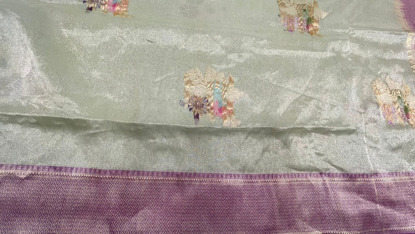 Faishana Pure Handloom Katan Tissue Seagreen Tilfi Kadhwa Mina Zari Booti Boota and Contrast Kadhwa Purple Zari Border Saree with Contrasting Purple Blouse