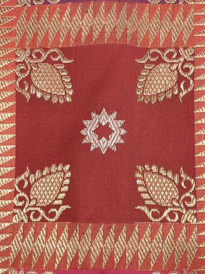 From Loom to Life: Faishana Pure Handloom Katan Silk Rang Kaat Checkered Kadhwa Stripe Golden Zari Border and Kadhwa Silver Mina Pallu with Peach Stripe Blouse