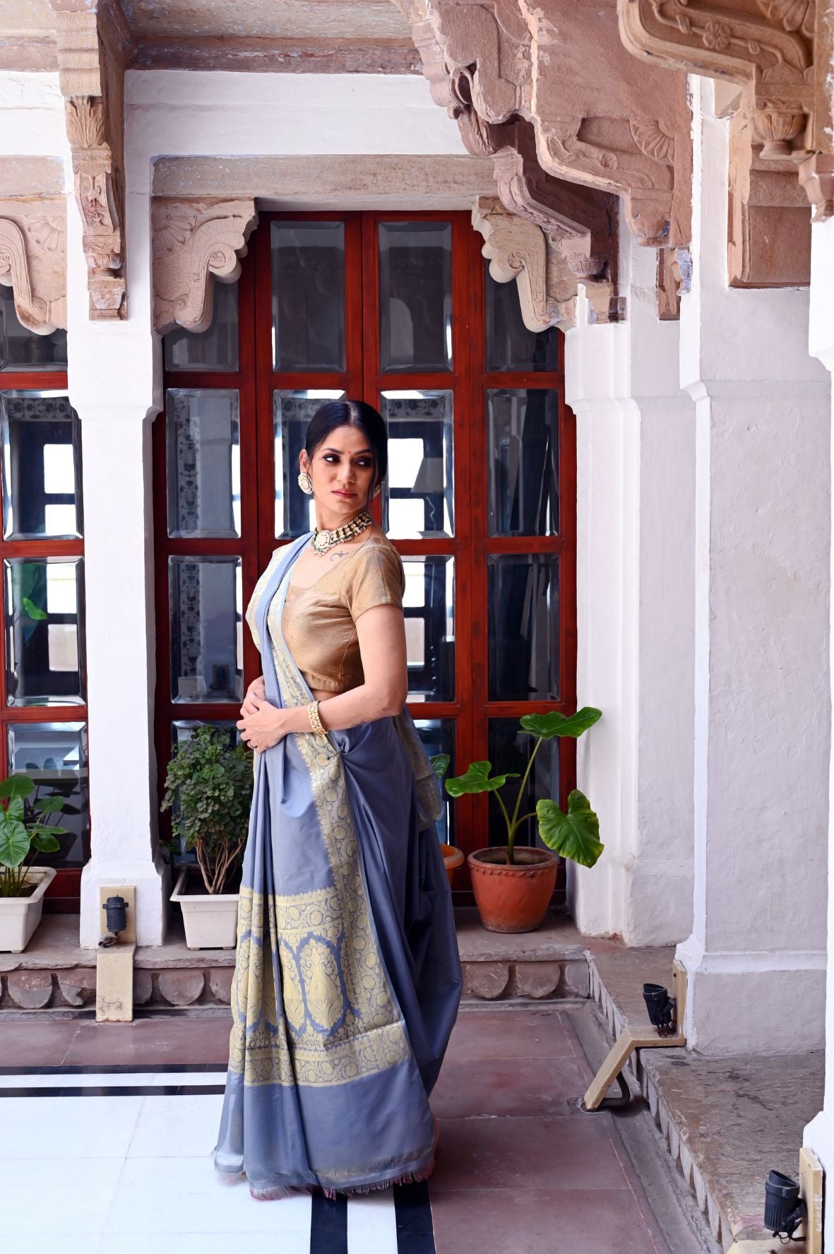 Grey Katan Silk Banarasi Sarees For Women GEASF205