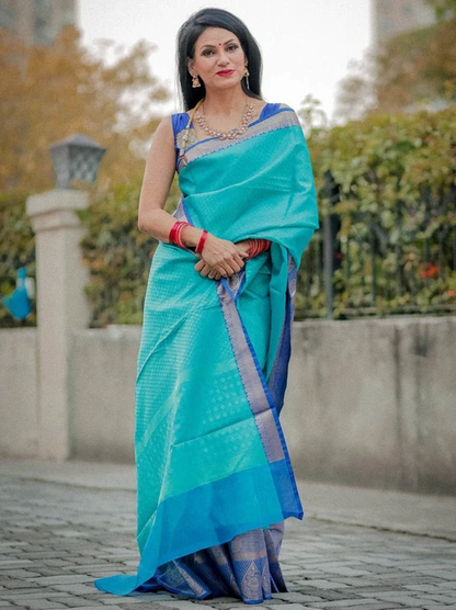 Turquoise Blue Tanchoi Banarasi Sarees For Women GEBC11
