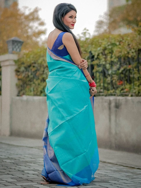 Turquoise Blue Tanchoi Banarasi Sarees For Women GEBC11