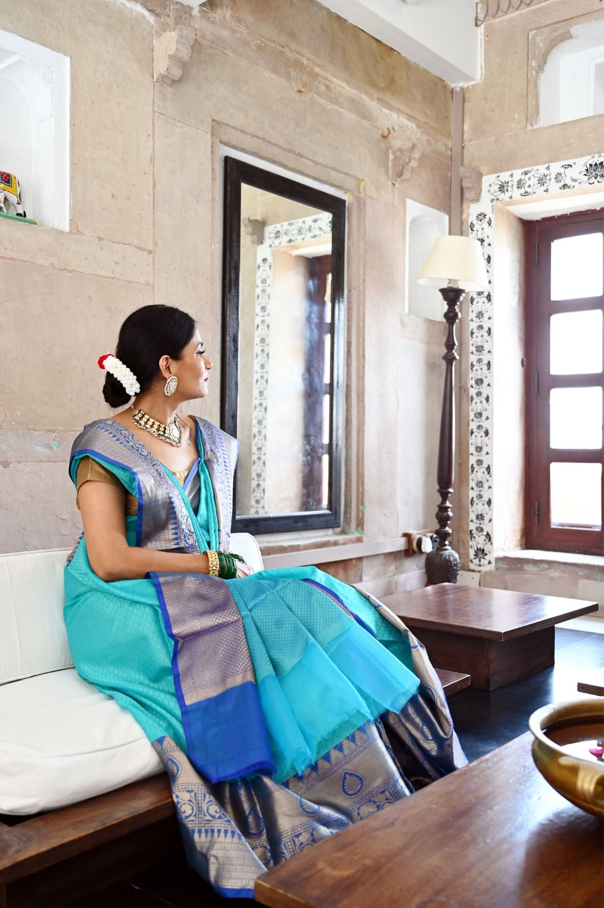 Faishana Presents Turquoise Blue Resham Brocade Contrast Blue Zari Pattu Border Banarasi Saree