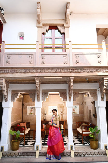 Faishana Presents Light Red Resham Brocade Contrast Turqouise Blue Zari Pattu Border Banarasi Saree