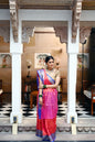 Faishana Presents Light Red Resham Brocade Contrast Turqouise Blue Zari Pattu Border Banarasi Saree