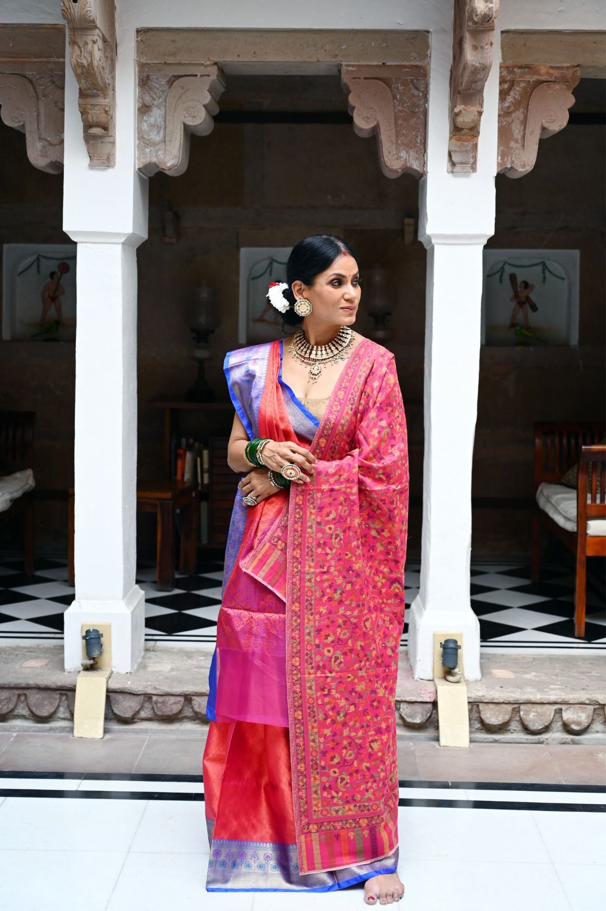 Faishana Presents Light Red Resham Brocade Contrast Turqouise Blue Zari Pattu Border Banarasi Saree