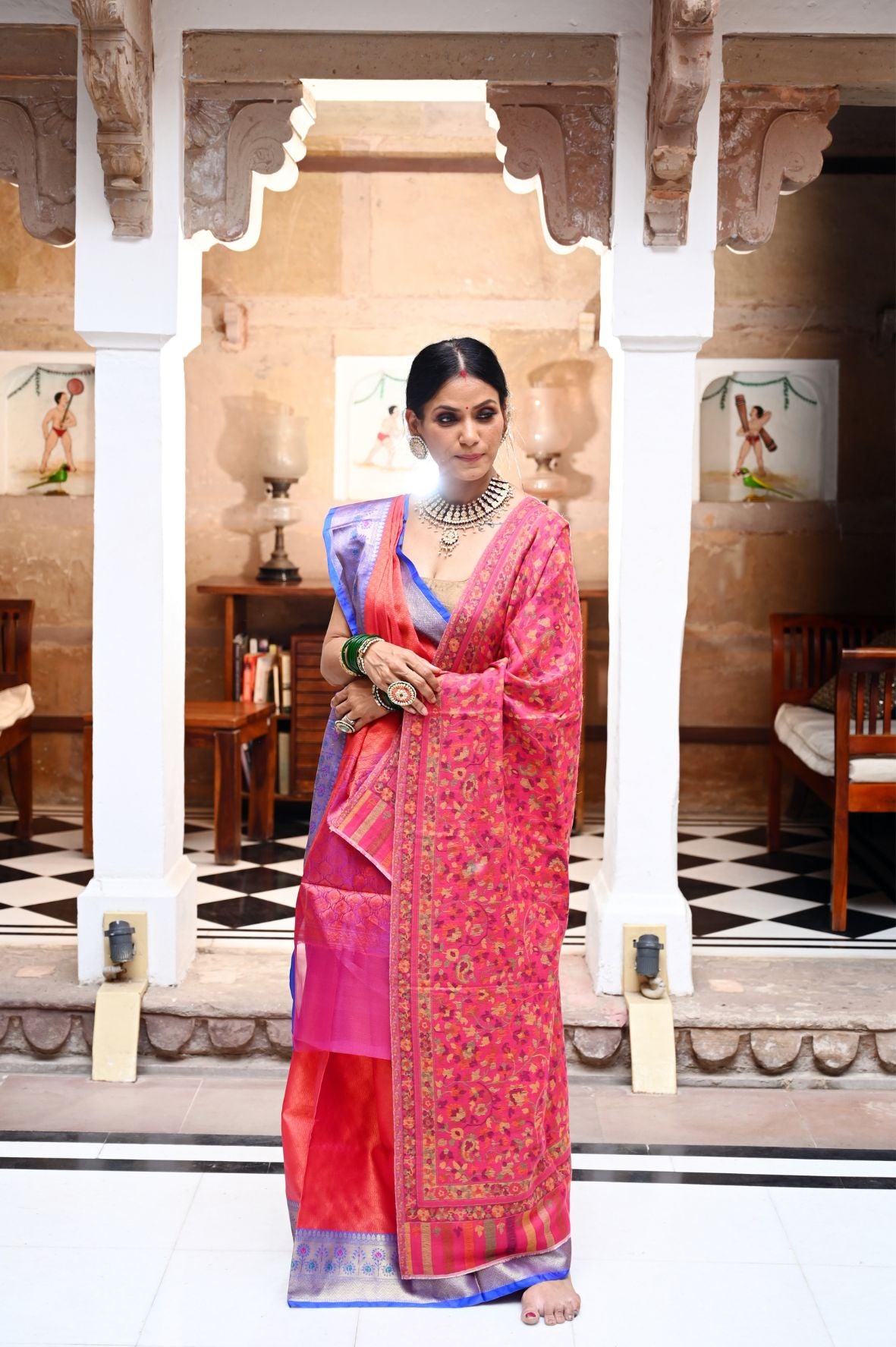 Faishana Presents Light Red Resham Brocade Contrast Turqouise Blue Zari Pattu Border Banarasi Saree