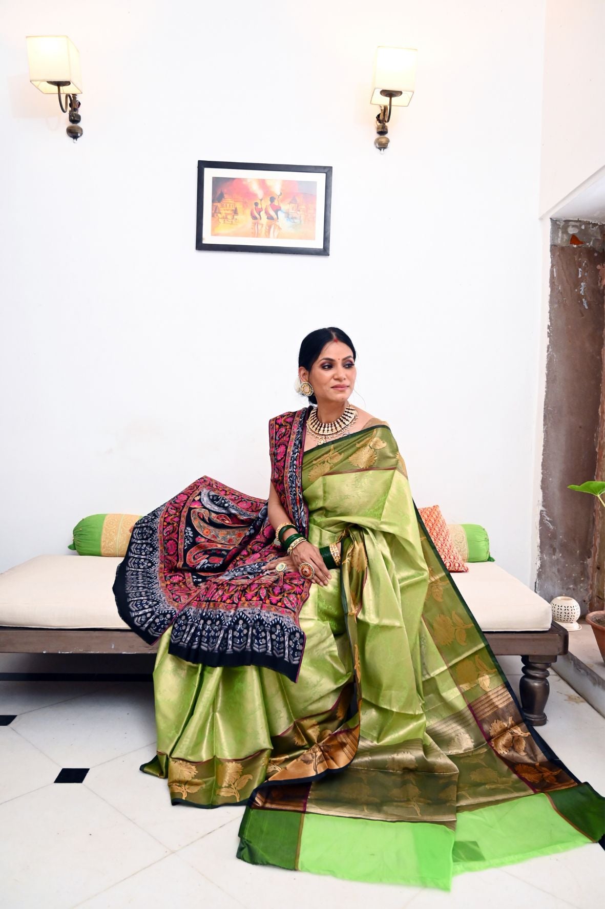 Faishana Presents Light Green Zari Kanchi Silk Brocade Contrast Zari Pattu Border Banarasi Saree