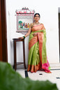 Faishana Presents Light Green Kanchi Silk Zari Brocade Contrast Meena Pink Pattu Border Banarasi Saree
