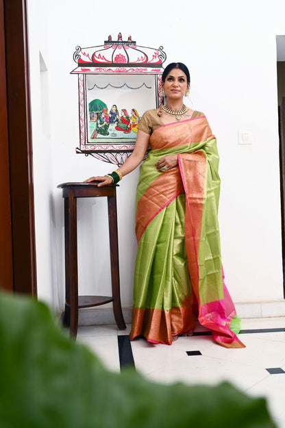 Lime Green Kanchi Silk Banarasi Sarees For Women GEBE13