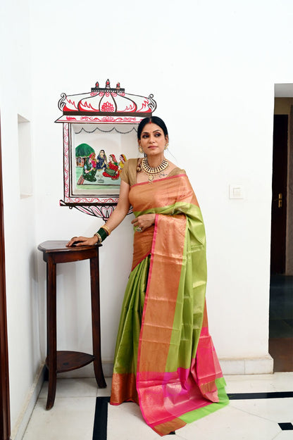 Lime Green Kanchi Silk Banarasi Sarees For Women GEBE13