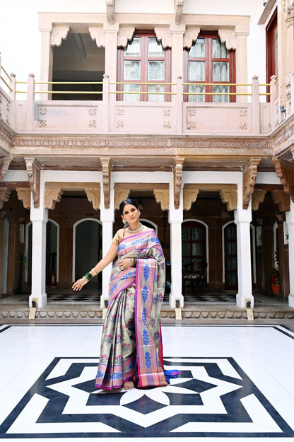 Grey Kanchi Silk Banarasi Sarees For Women GEBE1