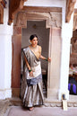 Faishana Presents Silver Zari Kanchi Silk Brocade Contrast Silver Jamawar Border Banarasi Saree