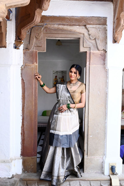 Faishana Presents Silver Zari Kanchi Silk Brocade Contrast Silver Jamawar Border Banarasi Saree