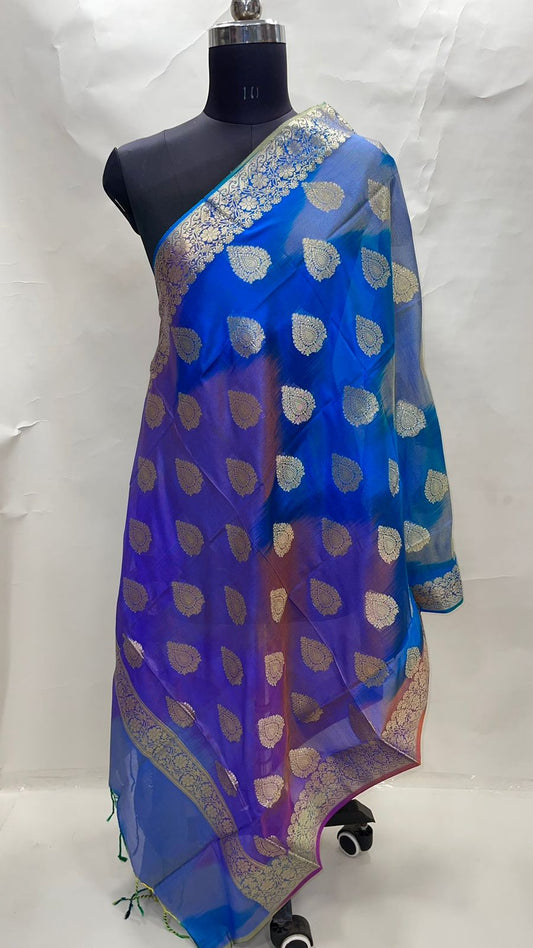 Faishana Presents Blue Banarasi Katan Georgette Golden Zari Booti Dupatta