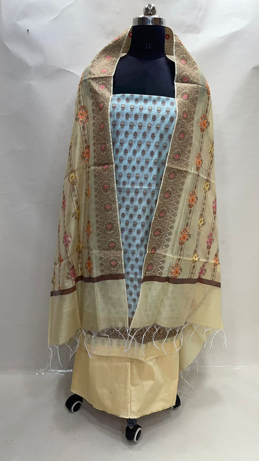 Faishana Presents Sky Blue  Cotton Resham Copper Zari 3pcs Suit Set accompanied with Plain Bottom and Top Copper Zari Booti with Yellow Floral Stripe Dupatta