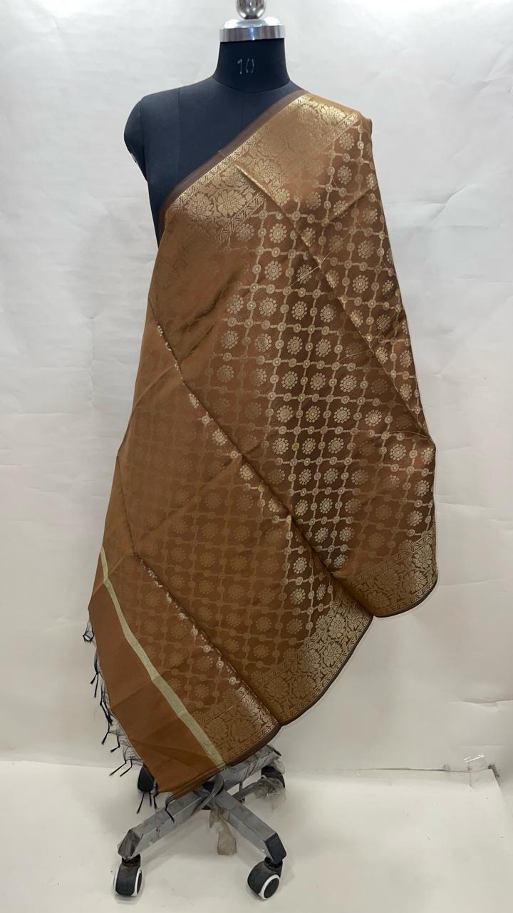 Faishana Presents Brown Banarasi Dupion Kora Golden Zari Booti Jaal Dupatta