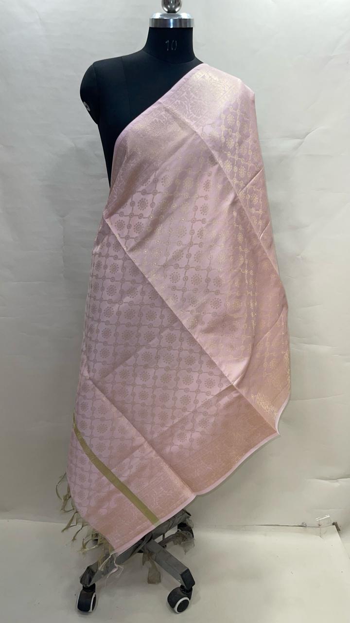 Faishana Presents Baby Pink Banarasi Dupion Kora Golden Zari Booti Jaal Dupatta