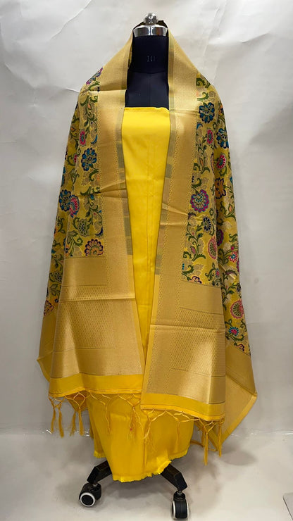 Faishana Presents Yellow Katan Georgette  3pcs Suit Set accompanied with Plain Bottom Top with Yellow Floral Meena  Jaal Dupatta