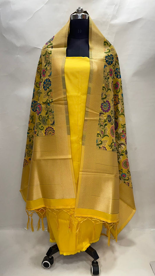 Faishana Presents Yellow Katan Georgette  3pcs Suit Set accompanied with Plain Bottom Top with Yellow Floral Meena  Jaal Dupatta