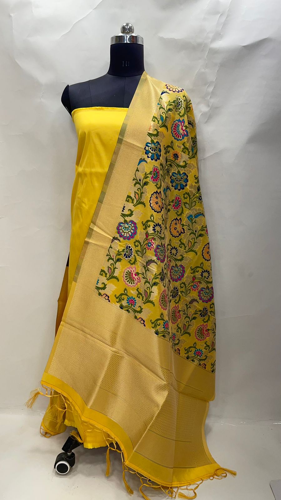 Faishana Presents Yellow Katan Georgette  3pcs Suit Set accompanied with Plain Bottom Top with Yellow Floral Meena  Jaal Dupatta