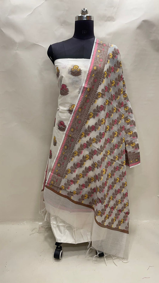 Faishana Presents Off-white Cotton Resham Zari Floral Mina Boota 3pcs Suit Set accompanied with Plain Bottom and Resham Zari Mina Stripe Jaal Off-white Dupatta