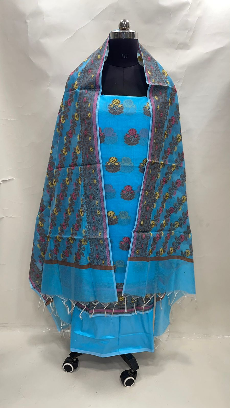 Faishana Presents SkyBlue Cotton Resham Zari Floral Mina Boota 3pcs Suit Set accompanied with Plain Bottom and Resham Zari Mina Stripe Jaal SkyBlue Dupatta