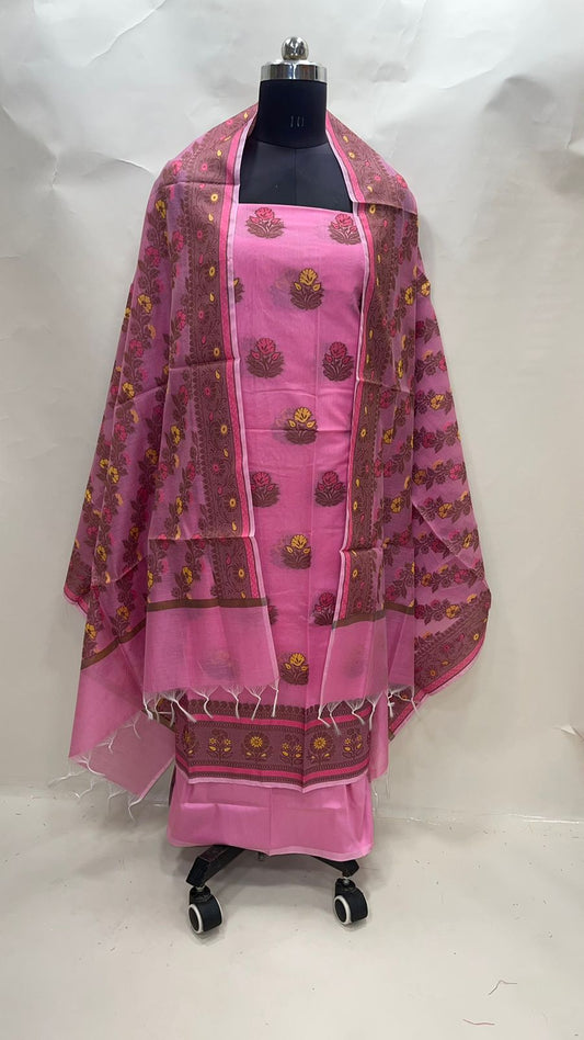 Faishana Presents Pink Cotton Resham Zari Floral Mina Boota 3pcs Suit Set accompanied with Plain Bottom and Resham Zari Mina Stripe Jaal Pink Dupatta