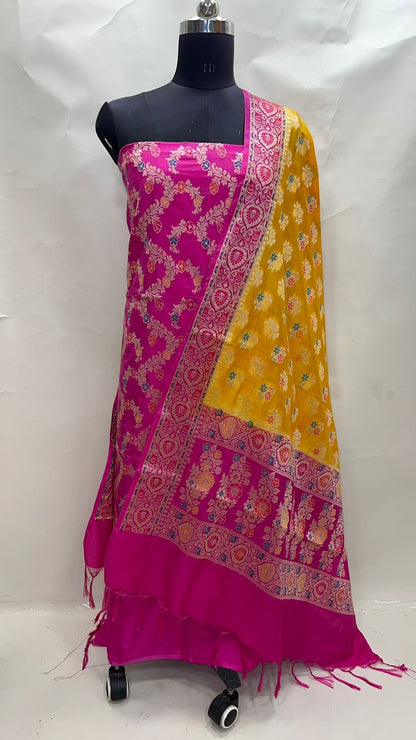 Faishana Presents Pink Katan Georgette Dyeable 3pcs Suit Set accompanied with Plain Bottom and Top Zig Zag Stripe Meena Booti with Yellow and Pink Meena Booti Contrast Dupatta