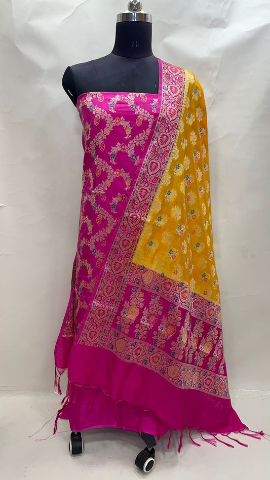 Faishana Presents Pink Katan Georgette Dyeable 3pcs Suit Set accompanied with Plain Bottom and Top Zig Zag Stripe Meena Booti with Yellow and Pink Meena Booti Contrast Dupatta