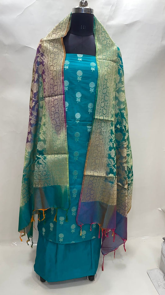 Faishana Presents Sea Green Katan Georgette Dyeable 3pcs Suit Set accompanied with Plain Bottom and Top Meena Booti with Multicolor Jaal Dupatta