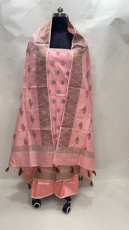 Faishana Presents Peach Katan Silk 3pcs Suit Set accompanied with Plain Bottom and Top Copper Zari Booti with Peach Copper Booti Katan Silk Dupatta