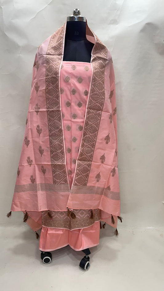 Faishana Presents Peach Katan Silk 3pcs Suit Set accompanied with Plain Bottom and Top Copper Zari Booti with Peach Copper Booti Katan Silk Dupatta