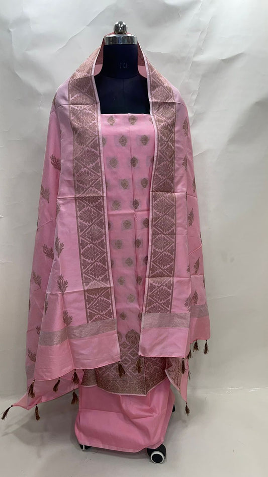 Faishana Presents Pink Katan Silk 3pcs Suit Set accompanied with Plain Bottom and Top Copper Zari Booti with Pink Copper Booti Katan Silk Dupatta