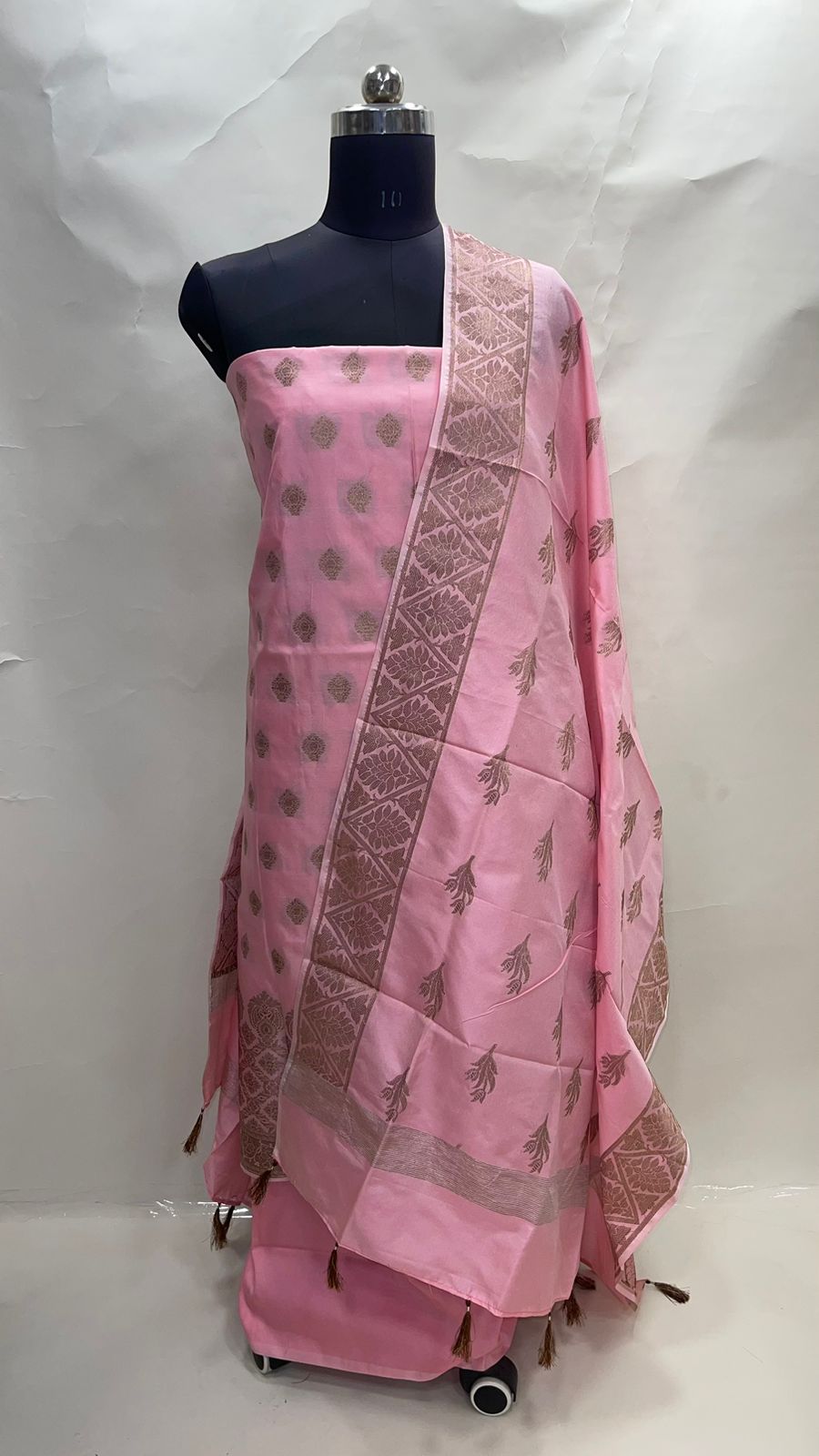 Faishana Presents Pink Katan Silk 3pcs Suit Set accompanied with Plain Bottom and Top Copper Zari Booti with Pink Copper Booti Katan Silk Dupatta