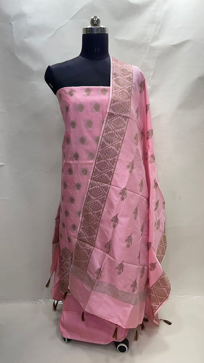 Faishana Presents Pink Katan Silk 3pcs Suit Set accompanied with Plain Bottom and Top Copper Zari Booti with Pink Copper Booti Katan Silk Dupatta