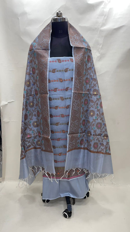 Faishana Presents Grey Cotton Resham Copper Zari 3pcs Suit Set accompanied with Plain Bottom and Top Copper Zari Cotton Small Booti Stripe with Grey Mina Jaal Dupatta