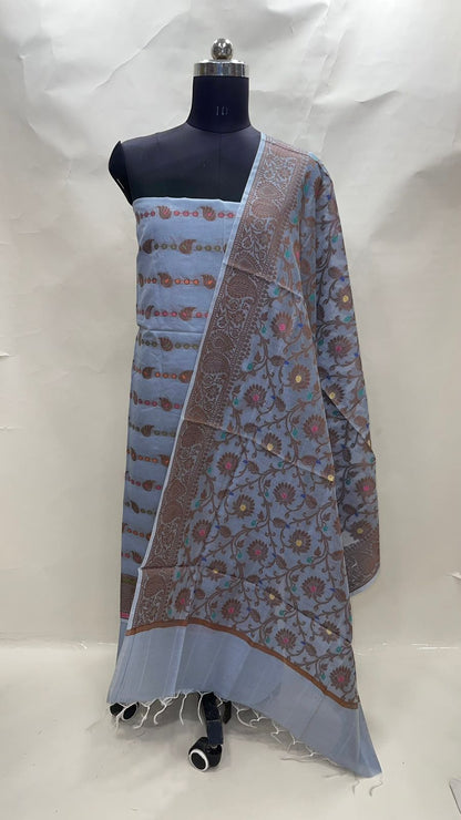 Faishana Presents Grey Cotton Resham Copper Zari 3pcs Suit Set accompanied with Plain Bottom and Top Copper Zari Cotton Small Booti Stripe with Grey Mina Jaal Dupatta