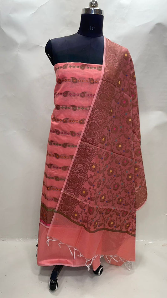 Faishana Presents Peach Cotton Resham Copper Zari 3pcs Suit Set accompanied with Plain Bottom and Top Copper Zari Cotton Small Booti Stripe with Peach Mina Jaal Dupatta