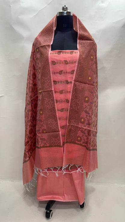 Faishana Presents Peach Cotton Resham Copper Zari 3pcs Suit Set accompanied with Plain Bottom and Top Copper Zari Cotton Small Booti Stripe with Peach Mina Jaal Dupatta