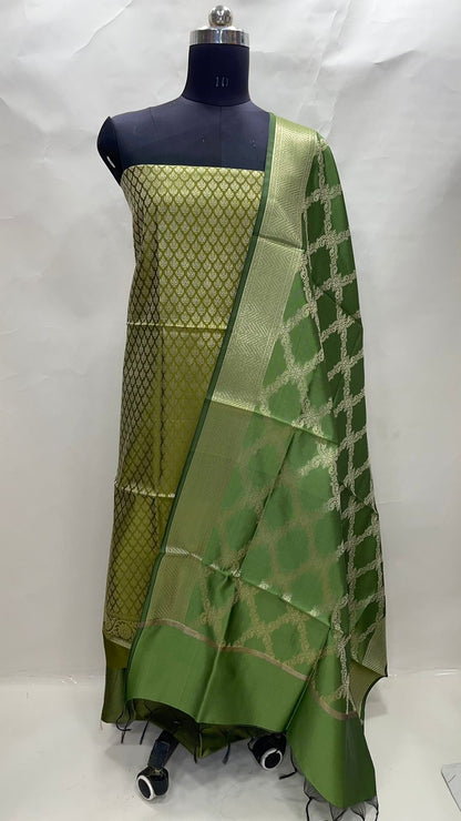 Faishana Presents Olive Green Taffeta Silk 3pcs Suit Set accompanied with Plain Bottom and Top Golden Zari Booti & Olive Green Diagonal Zari Jaal Taffeta Silk Dupatta
