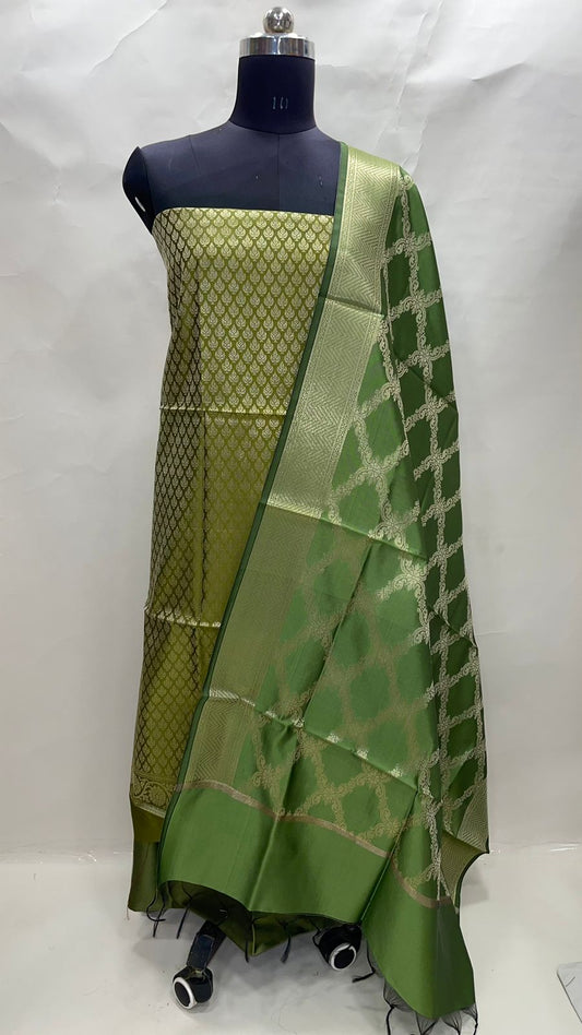 Faishana Presents Olive Green Taffeta Silk 3pcs Suit Set accompanied with Plain Bottom and Top Golden Zari Booti & Olive Green Diagonal Zari Jaal Taffeta Silk Dupatta