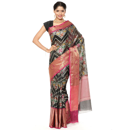 Faishana Presents Black Art Silk Meena Ikat Patola Pattu Banarasi Saree With Maroon Blouse